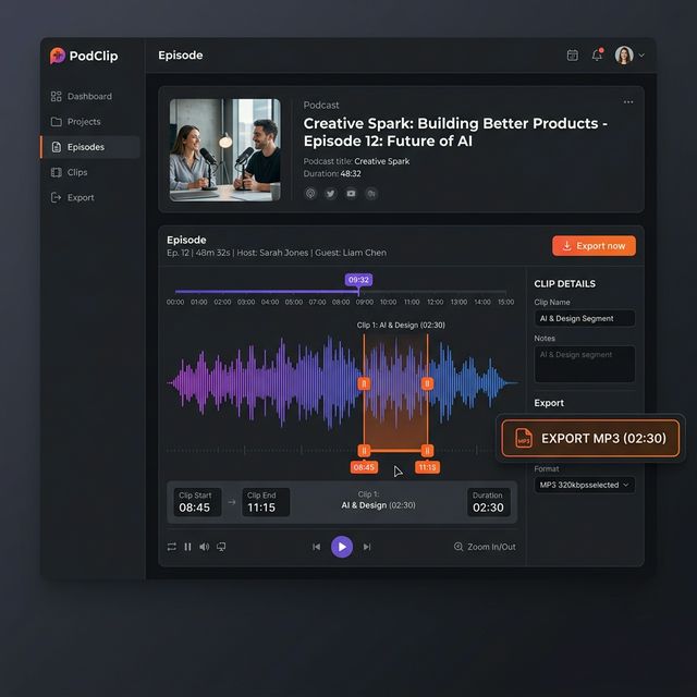 Clipping a podcast segment for social media sharing
